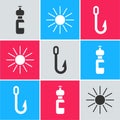 Set Bottle of water, Sun and Fishing hook icon. Vector Royalty Free Stock Photo