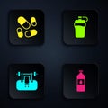 Set Bottle of water, Vitamin pill, Bench with barbel and Fitness shaker. Black square button. Vector