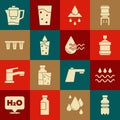 Set Bottle of water, Wave with drop, Big bottle clean, Recycle aqua, Glass, Water filter, jug and icon. Vector