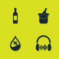 Set Bottle of wine, Headphone and sound waves, Water drop percentage and bucket icon. Vector Royalty Free Stock Photo