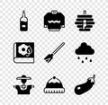 Set Bottle of wine, Sweater, Hive for bees, Scarecrow, Winter hat, Eggplant, Herbarium and Handle broom icon. Vector