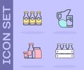 Set Bottled milk in wooden box, with, Milk product and jug or pitcher and glass icon. Vector