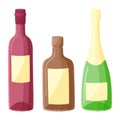 Set of bottles of alcohol drinks in flat style. Wine, whiskey and champagne bar bottles