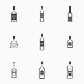 Set of bottles with alcohol drinks monochrome icons. Vector illustration.