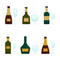 A set of bottles with alcohol and various glasses. Vector objects in flat style, isolated. Alcoholic drinks and crystal Royalty Free Stock Photo