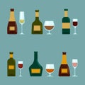 A set of bottles with alcohol and various glasses. Vector objects in flat style, isolated. Alcoholic drinks and crystal Royalty Free Stock Photo