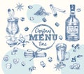 Set bottles Bourbon, glasses, eggnog christmas spice Vintage hand drawn sketch design bar, restaurant, cafe menu Royalty Free Stock Photo