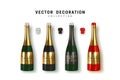 Set of bottles of champagne, sparkling wine. Realistic bottles with cork, color red, black, dark green. Isolated on white