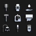 Set Bottles for cleaning agent, Sanitary tampon, Electrical hair clipper shaver, Paper towel dispenser wall, Shower head