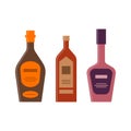 Set bottles of cognac, balsam, liquor. Great design for any purposes. Icon bottle with cap and label. Flat style. Color form.