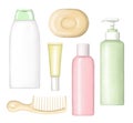 Set of bottles for cosmetics, comb and solid soap Royalty Free Stock Photo