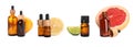 Set with bottles of different citrus essential oils and fresh fruits on white background. Banner design Royalty Free Stock Photo