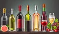 Set of bottles with different drinks. Row of bottles of red wine, white wine, liquors and other beverages Royalty Free Stock Photo