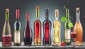 Set of bottles with different drinks. Row of bottles of red wine, white wine, liquors and other beverages Royalty Free Stock Photo