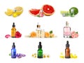 Set with bottles of different essential oils, citruses and flowers on white background