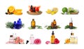 Set with bottles of different essential oils on background Royalty Free Stock Photo