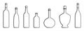 Set Of Bottles Of Different Shapes With A Narrow Neck. Glass Bottles For Various Drinks; Different Liquids. Vector Image Isolated