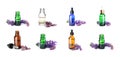 Set with bottles of essential oils and fresh sage flowers on background. Banner design Royalty Free Stock Photo