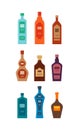 Set bottles of gin brandy cognac balsam rum liquor tequila vodka whiskey. Icon bottle with cap and label. Graphic design for any