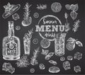 Set bottles Gin, rosemary, citrus, mint, cucumber on black chalk board background Vintage hand drawn sketch design bar Royalty Free Stock Photo