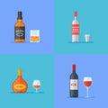 Set of bottles and glasses with alcohol drinks flat icons. Whiskey, vodka, cognac and wine. Royalty Free Stock Photo