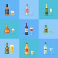 Set of bottles and glasses with alcohol drinks flat style icons. Vector illustration. Royalty Free Stock Photo