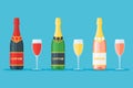 Set of bottles and glasses of champagne. Red, white and rose sparkling wines. Royalty Free Stock Photo