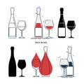 Set of bottles and glasses with red wine in different styles. Template alcohol beverage for restaurant, bar, pub. Symbol party. Royalty Free Stock Photo