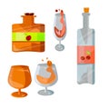 A set of bottles and glasses of wine and brandy.Different drinks with bottles, glasses .Alcoholic drinks icons . Royalty Free Stock Photo