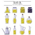Set of bottles and jars with olive oil in cartoon style. Vector illustration for design, web and decor