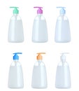 Set with bottles of liquid soap on white background Royalty Free Stock Photo