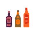Set bottles of liquor, brandy, balsam. Great design for any purposes. Icon bottle with cap and label. Flat style. Color form.