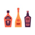 Set bottles of liquor, champagne, balsam. Great design for any purposes. Icon bottle with cap and label. Flat style. Color form.