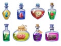 Set of bottles magic potion. Game icons liquid elixir colorful with scull, brain, bone, crystal, flower, mushroom, stone