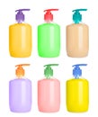 Set with bottles of multicolored liquid soap on white background Royalty Free Stock Photo