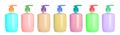 Set with bottles of multicolored liquid soap on white background. Banner design Royalty Free Stock Photo