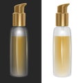 Set of bottles with oil on dark and white background. Bottles with yellow fluid, Illustration contains transparency and blending Royalty Free Stock Photo
