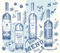 Set bottles red or white wine and christmas spices Vintage hand drawn sketch design bar, restaurant, cafe menu Realistic Royalty Free Stock Photo