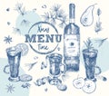 Set bottles red or white wine and christmas spices Vintage hand drawn sketch design bar, restaurant, cafe menu Realistic Royalty Free Stock Photo