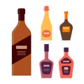 Set bottles of rum champagne balsam liquor cream. Icon bottle with cap and label. Graphic design for any purposes. Flat style.