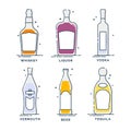 Set of bottles whiskey liquor vodka tequila vermouth beer. Line art creative graphic element. Minimalism simplicity design.