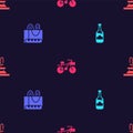 Set Bottles of wine, French baguette bread, Bicycle and Fountain on seamless pattern. Vector