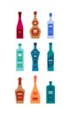 Set bottles of wine rum vodka gin whiskey liquor brandy cognac champagne tequila. Icon bottle with cap and label. Graphic design Royalty Free Stock Photo
