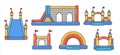 Set of bouncy inflatable castles. Tower and equipment for child playground. Vector color line illustration