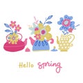 Set of bouquet of flower in the teapot set. Spring doodle flower. Teatime collection. Concept of tree teapots and cute