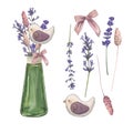 Set bouquet of lavender in a glass vase isolated on a white background Watercolor illustration of Provencal flowers. French style Royalty Free Stock Photo