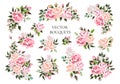 Set of bouquets pale pink and peachy flower roses with green leaves Royalty Free Stock Photo