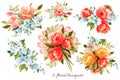 A set of bouquets of peonies, rose hips, apple trees, lace ribbon. Watercolor illustration, handmade