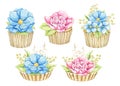 Watercolor set with pink and blue flowers in muffins Royalty Free Stock Photo