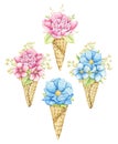 Watercolor set with pink and blue flowers in waffle cones Royalty Free Stock Photo